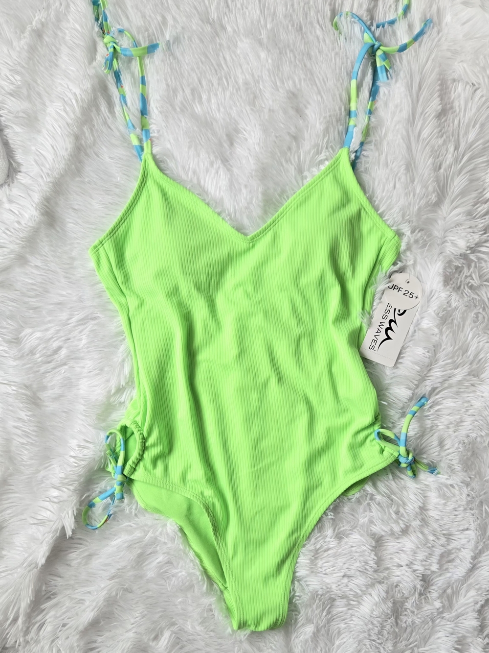 NWT Endless Waves Neon Lime Ribbed One Piece Swimsuit Sz M Side Lace Up Ties UPF